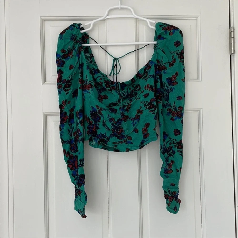NWT FREE PEOPLE Hilary top shirt size S green combo smocking longsleeve - Picture 4 of 8